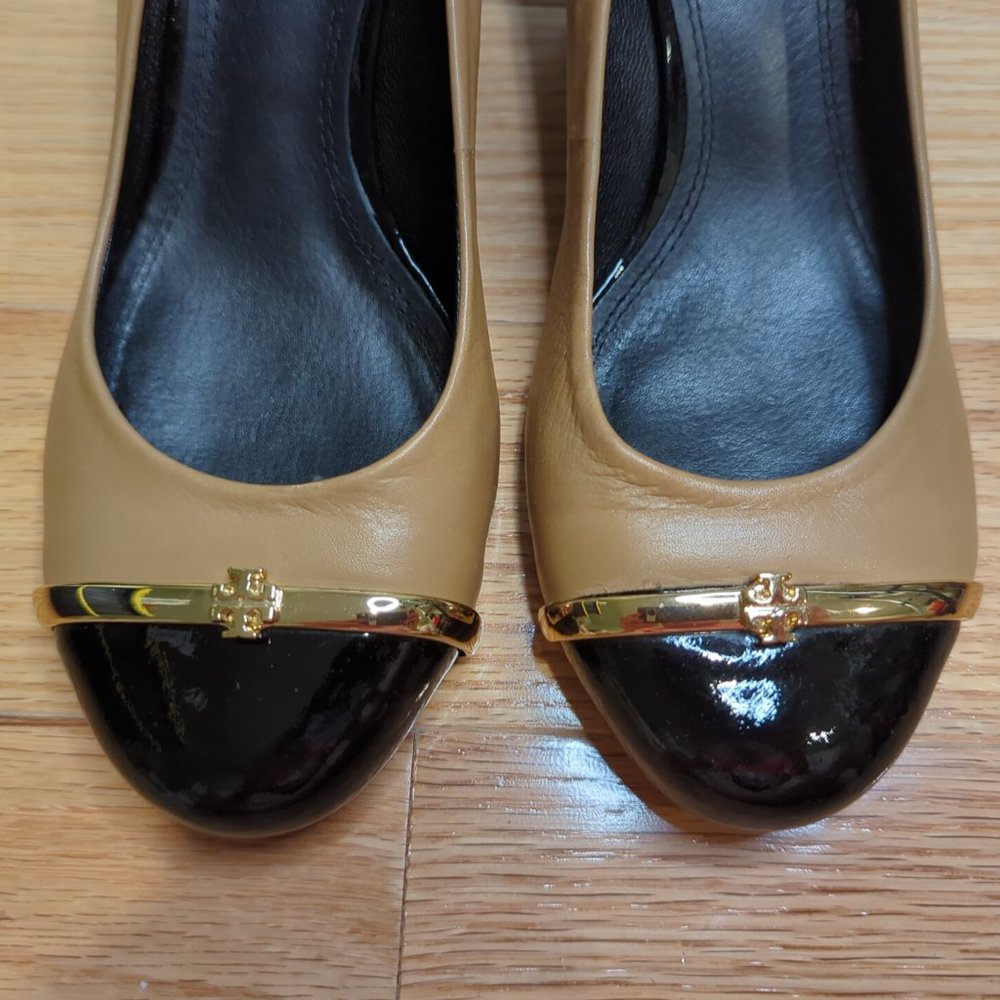 Tory Burch Pacey Brown Leather Black Cap Toe +gold bar 2.5" Wedge Heel EUC 6.5